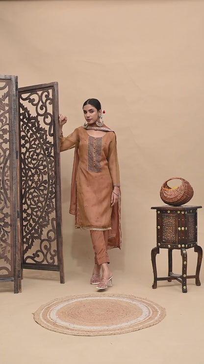 Greenish Brown Hue Kurta Set with Zardozi, Cutdana, and Pearl Work