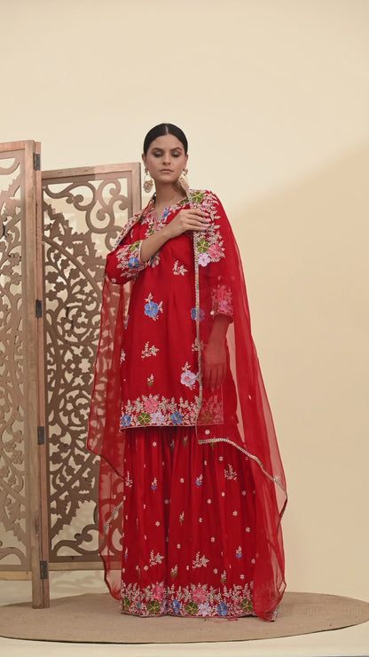 Vibrant Red Silk Sharara Set with Zardozi Embroidery, Thread, and Pearl Work