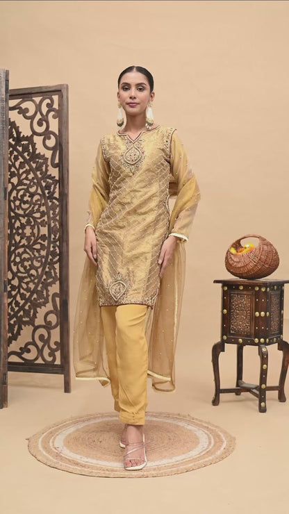 Golden Green Kurta Set with Zardozi, Pearl, and Dabka Work