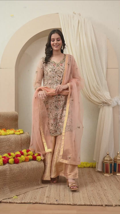 Peach Sharara Set with Zardozi, Thread, Sequence and Cutdana Work