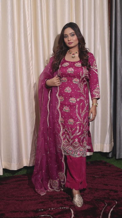 Delicate Strawberry Pink Organza Kurta with Intricate Zardozi Embroidery