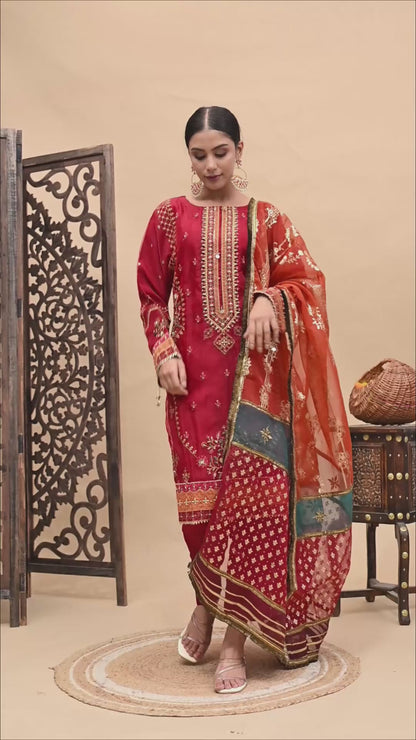 Dark Orange Kurta Set with Zardozi, Dabka, Sequence, and Thread Work