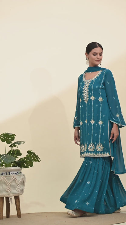 Striking Firozi Blue Georgette Sharara Set with Thread and Crystal Embroidery