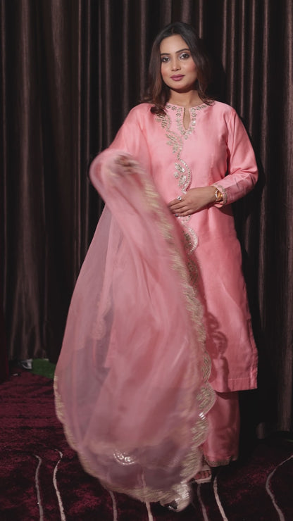 Exquisite Peach Pink Silk Kurta Set, Embellished with Zardozi and Gotta Embroidery