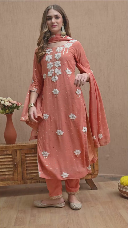 Gracious Dark Peach Kurta Set with Mukaish, Zardozi, Pearl, and Sequence Work