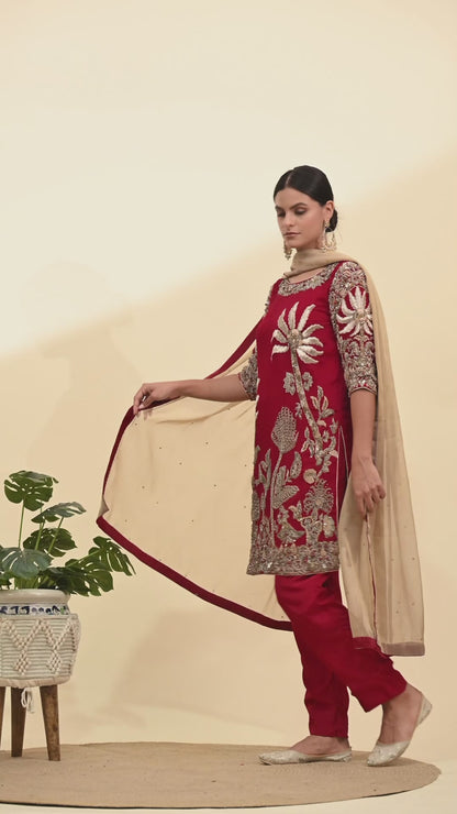 Rich Reddish Maroon Kurta Set with Zardozi Embroidery