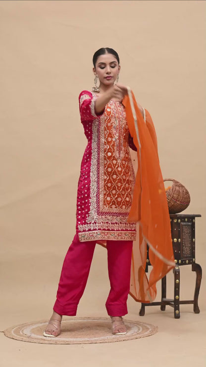 Beautiful Reddish Orange Kurta Set with Gotta, Thread, Zardozi, and Dabka Work