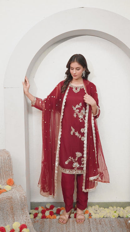 Maroon Red Kurta Set with Zardozi, Dabka, and Crystal Work