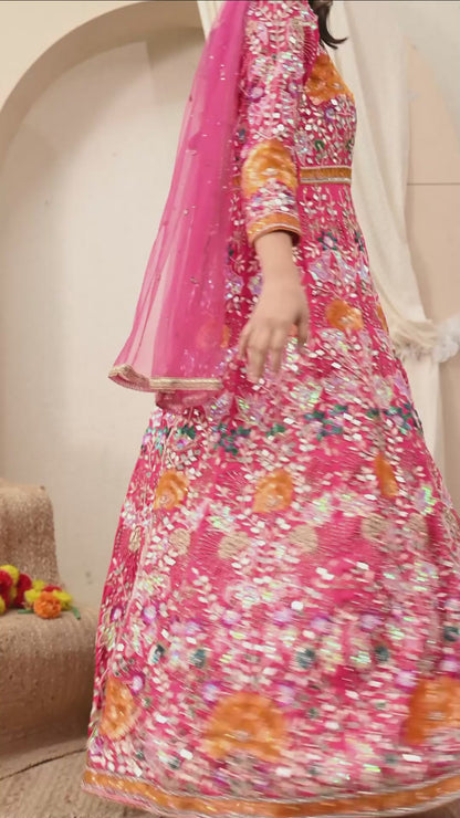 Dark Pink Anarkali with Zardozi, Sippy, Sequence, and Mirror Work