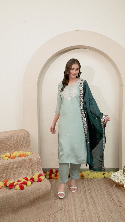 Greyish Blue Kurta Set with Zardozi and Zari work