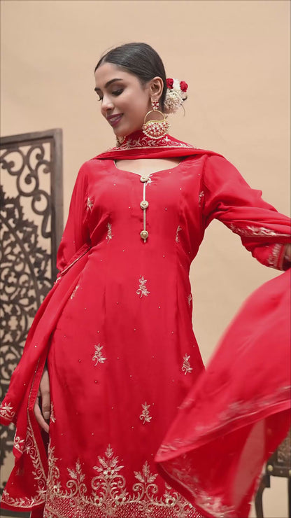 Graceful Red Kurta Set with Zardozi, Dabka, and Sequence Work