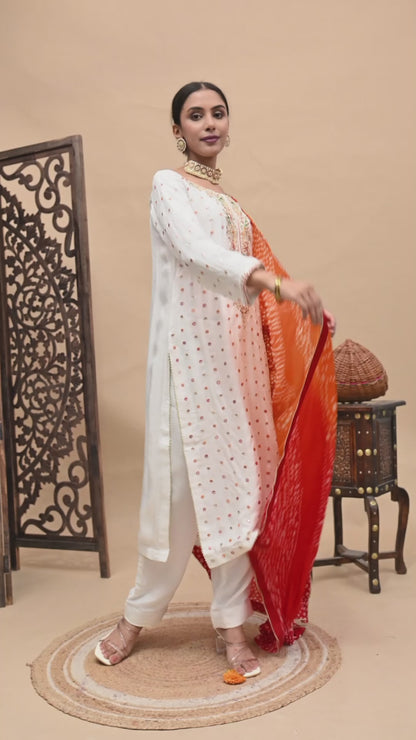 Cream Kurta Set with Gotta, Thread, and Mirror Work