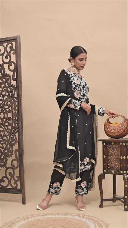 Dark Black Kurta Set with Thread and Zardozi Work