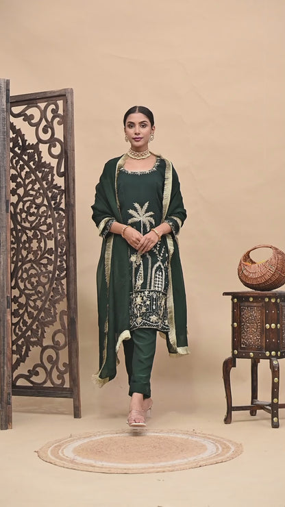 Bottle Green Kurta Set with Zardozi, Dabka, Sequence, Thread, and Pearl Work