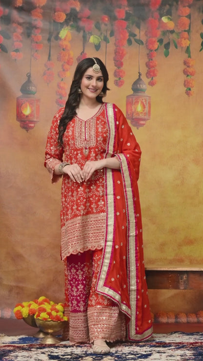 Orange & Pink Chinon Sharara Set with Zardozi & Mirror Work
