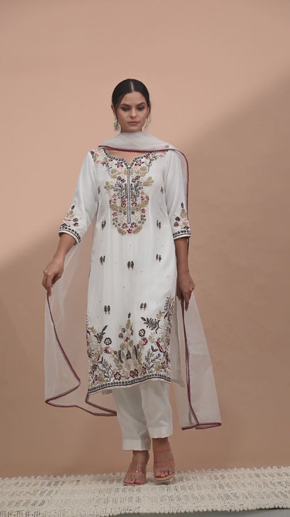 Delicate Light Cream Kurta Set with Intricate Thread Work