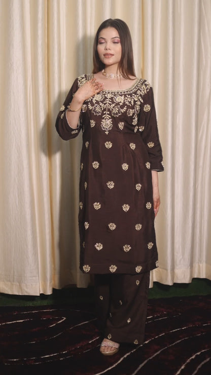 Chocolate Brown Kurta Set with Beautiful Zardozi, Tilla, and Sequence Work