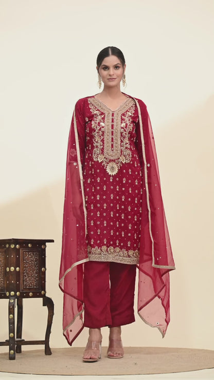 Elegant Maroon Red Kurta Set with Rich Zardozi Embroidery