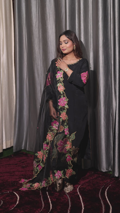 Black Silk Kurta Set with Intricate Embroidery and Hand-Painted Detailing