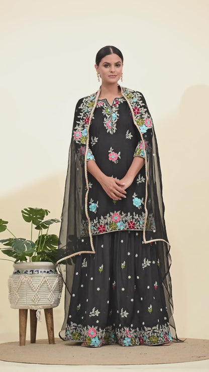 Striking Black Silk Sharara Set with Zardozi Embroidery