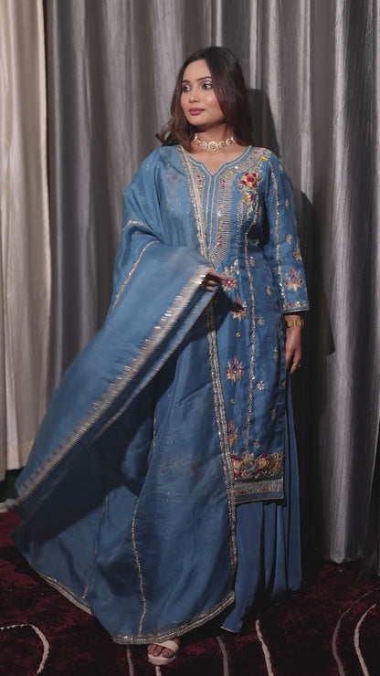 Sophisticated French Blue Organza Kurta Set with Exquisite Embroidery