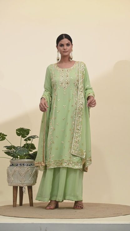 Regal Light Green Georgette Sharara Set with Zardozi Embroidery