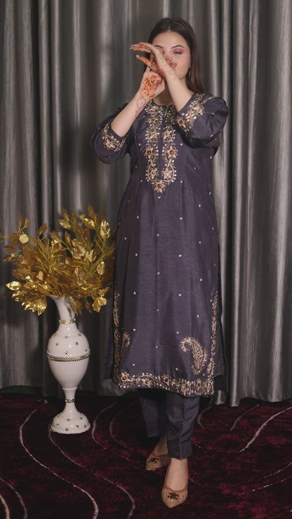 Subtle Dark Grey Kurta Set with Intricate Mukaish Work