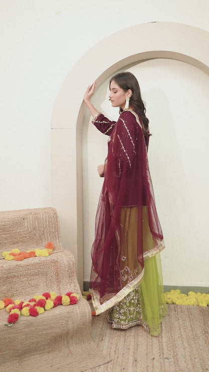 Dark Wine Lehnga Set with Gotta, Thread, Zardozi, and Zari Work