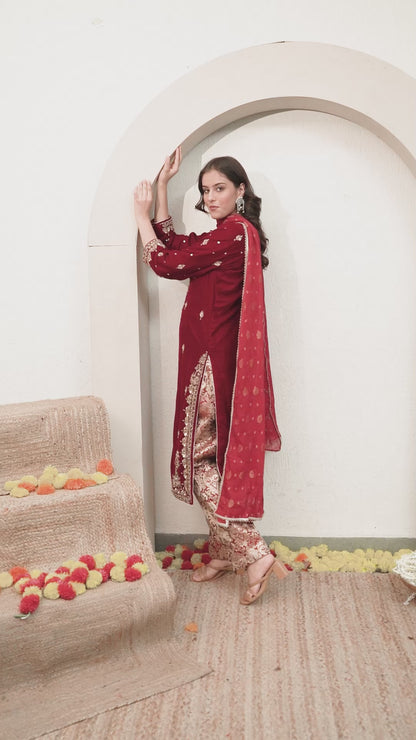 Maroon Red Kurta Set with Zardozi, Dabk, and Stone Work