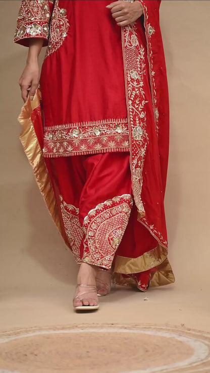 Red Kurta Set with Zardozi, Dabka, Sequence, and Pearl Work