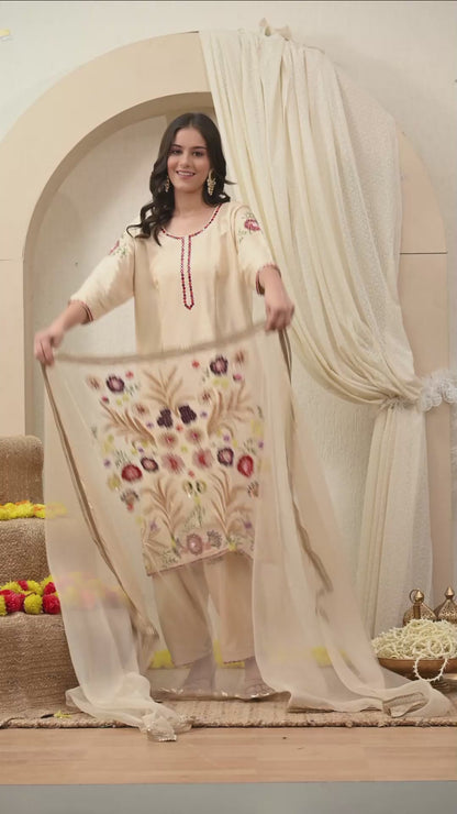 Dark Cream Kurta Set with Sequence and Thread Work