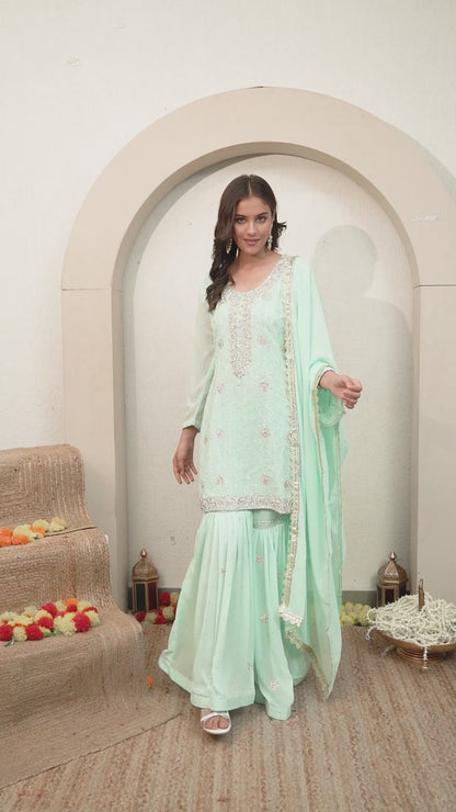 Light Green Sharara Set with Mesmerizing Thread and Crystal Work