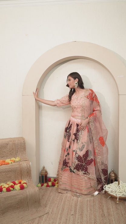 Dark Peach Lehenga Set with Hand Paint, Gotta, Zardozi, and Sequence Work