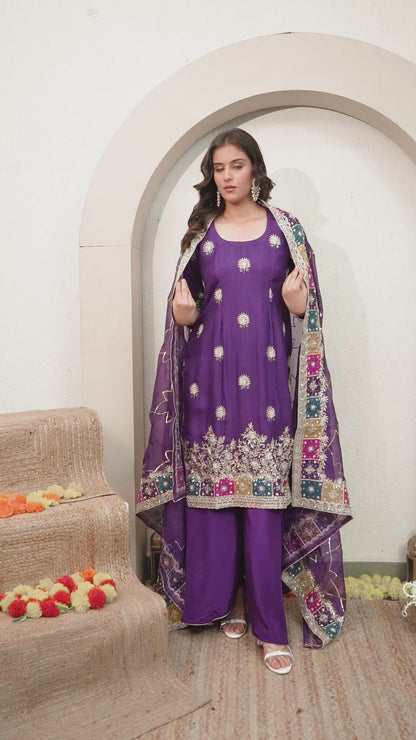 Bright Purple Kurta Set with Zardozi, Sequence, Cutdana, and Naqshi Work