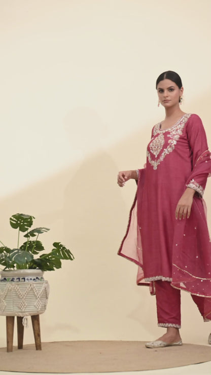 Warm Brown Red Silk Kurta Set with Zardozi Embroidery