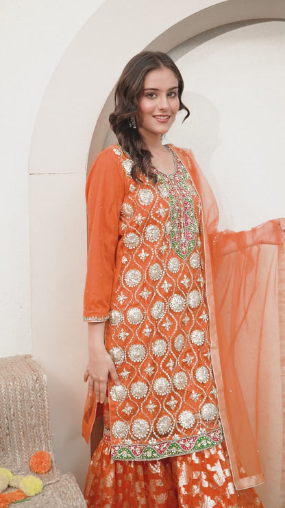 Light Orange Sharara Set with Gotta, Zari, and Crystal Work