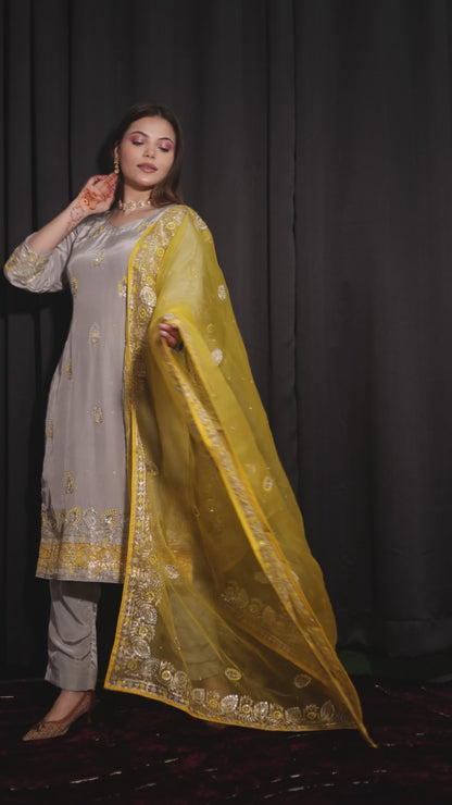 Stunning Light Grey Kurta Set with Beautiful Zardozi, Thread, Sequence, and Applique Work