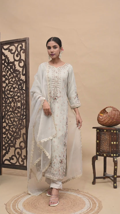 Light Grey Kurta Set with Zardozi, Dabka, and Sequence Work