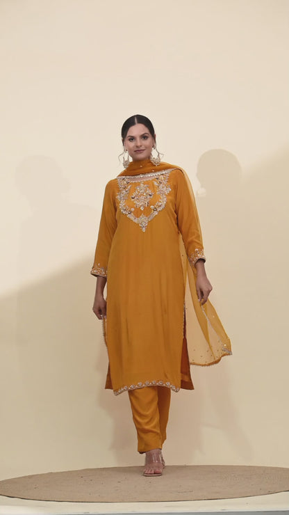 Elegant Mustard Yellow Kurta Set with Refined Zardozi Embroidery