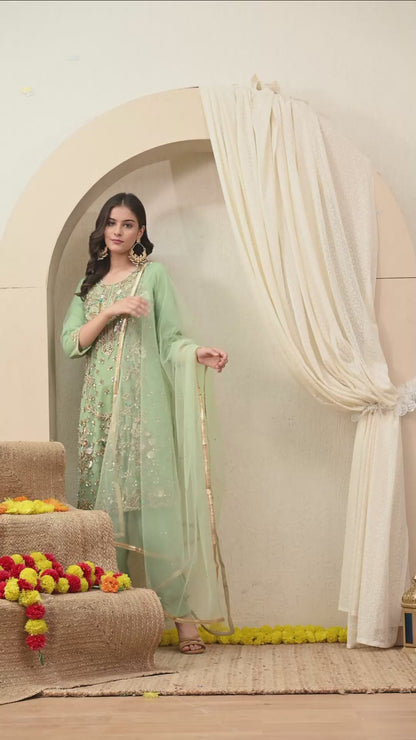 Light Green Kurta Set with Zardozi, Sequence, Pearl and Sippy Work