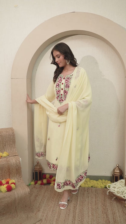 Custard Yellow Kurta Set with Thread and Parsi Work