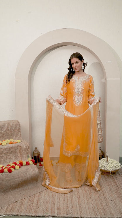 Saffron Yellow Kurta Set with Zardozi, Tilla, and Dabka Work