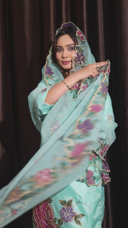 Turquoise Green Silk Kurta Set with Intricate Embroidery and Hand-Painted Detailing