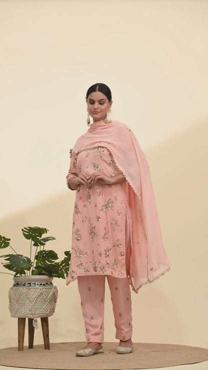 Soft Pink Peach Georgette Kurta Set with Mukaish and Zardozi Embroidery