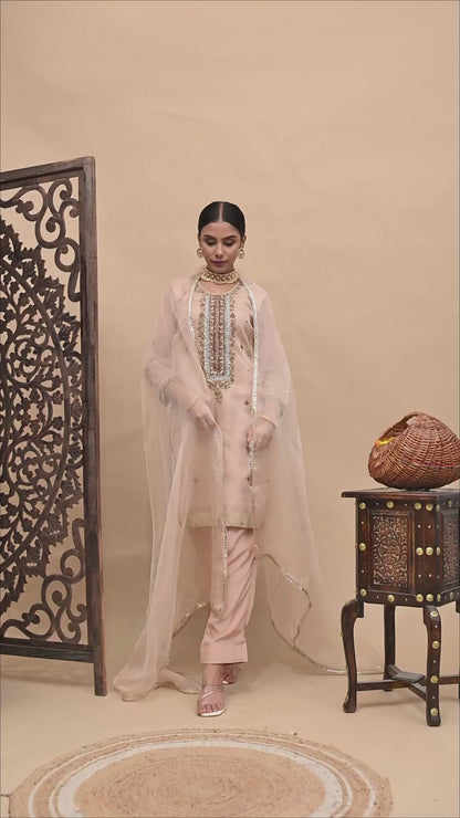 Peach Pink Kurta Set with Zardozi, Dabka, Sequence, and Pearl Work