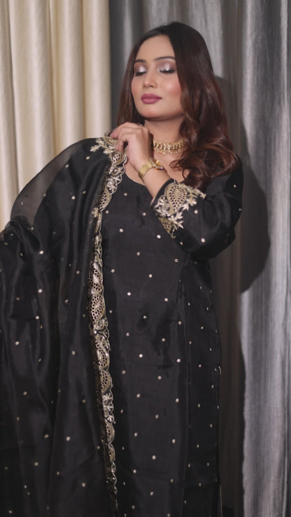 Majestic Black Organza Kurta Set with Zardozi and Tilla Embroidery