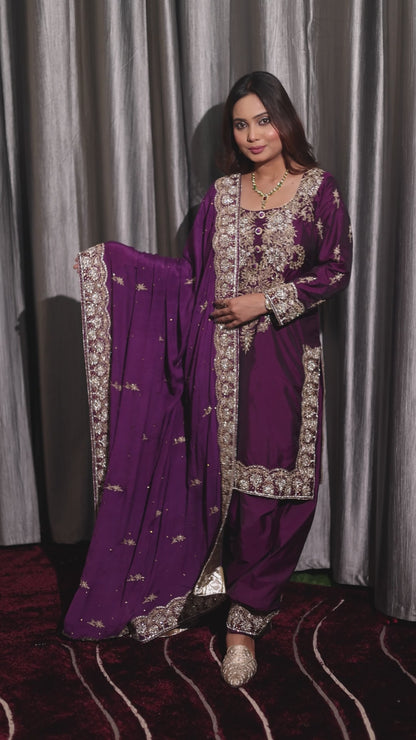 Luxurious Purple Kurta Set with Zardozi and Crystal Cutdana Embroidery