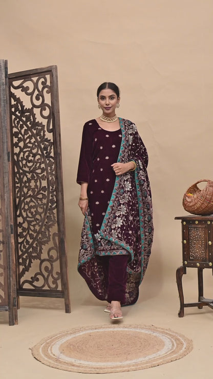 Dark Wine Kurta Set with Zardozi, Thread, and Crystal Work