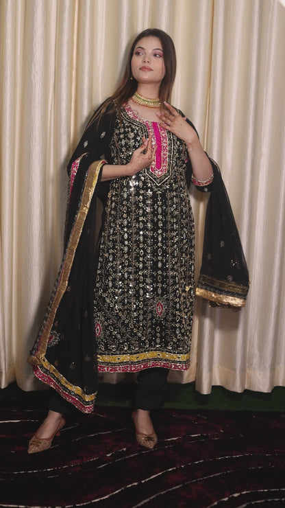 Stunning Black Kurta Set with Beautiful Zardozi, Applique, Leather, and Crystal Work