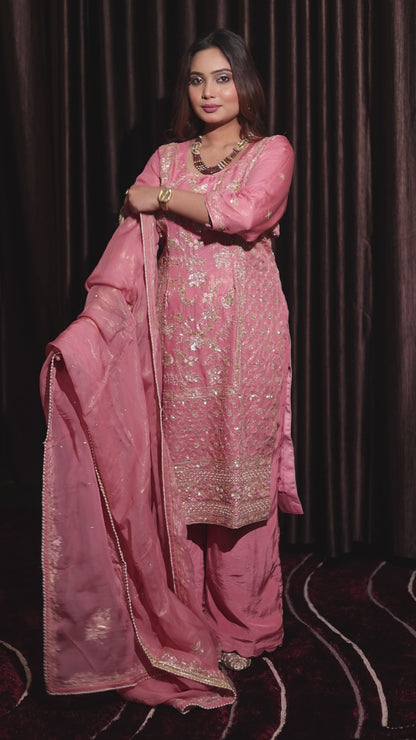 Sophisticated Dark Peach Kurta Set, Embellished with Exquisite Zardozi, Sequence, and Tilla Embroidery